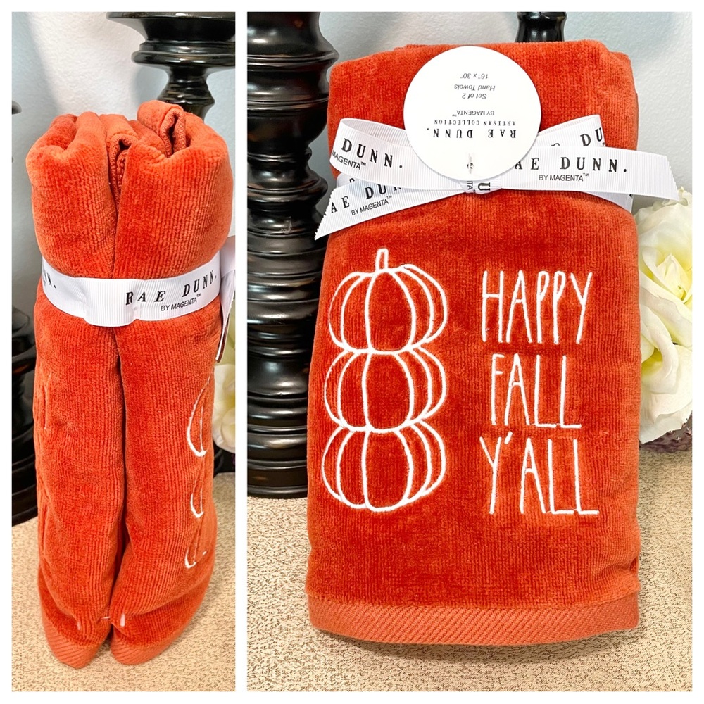 NWT Rae Dunn SET OF 2 HAPPY FALL YA’LL Pumpkin Hand Towels